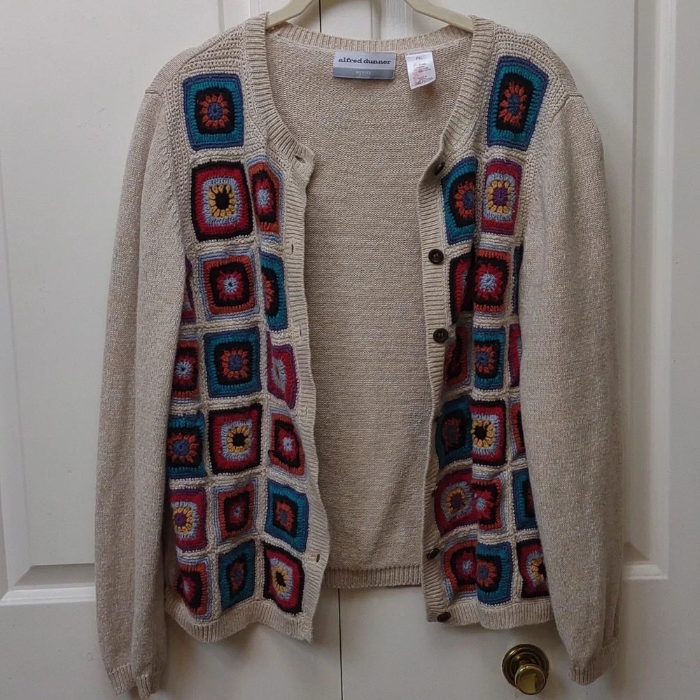 Alfred Dunner Vintage Crochet Granny Square Beige Ramie Cotton Knit Cardigan PXL - Picture 16 of 16